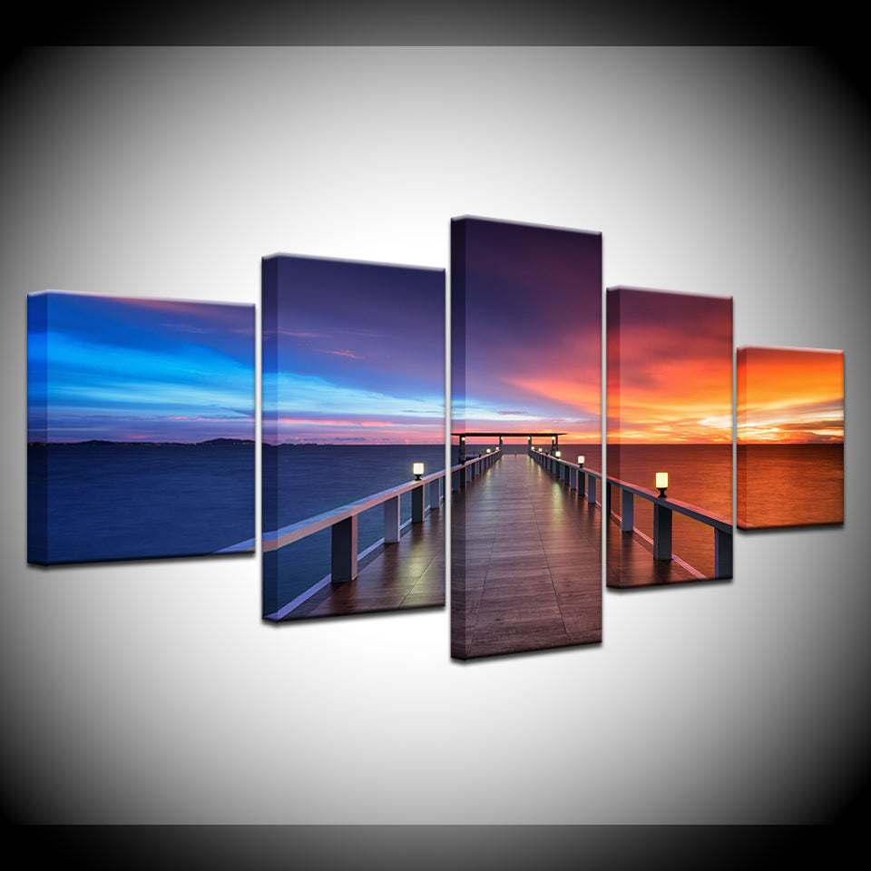 Print Wall Poster Home Decor Beautiful Sunset Bridge Nature Landscape Painting Lake Pictures