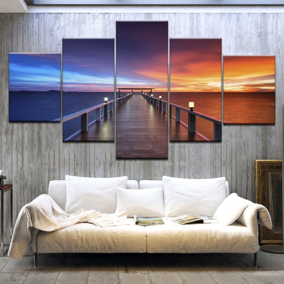 Print Wall Poster Home Decor Beautiful Sunset Bridge Nature Landscape Painting Lake Pictures
