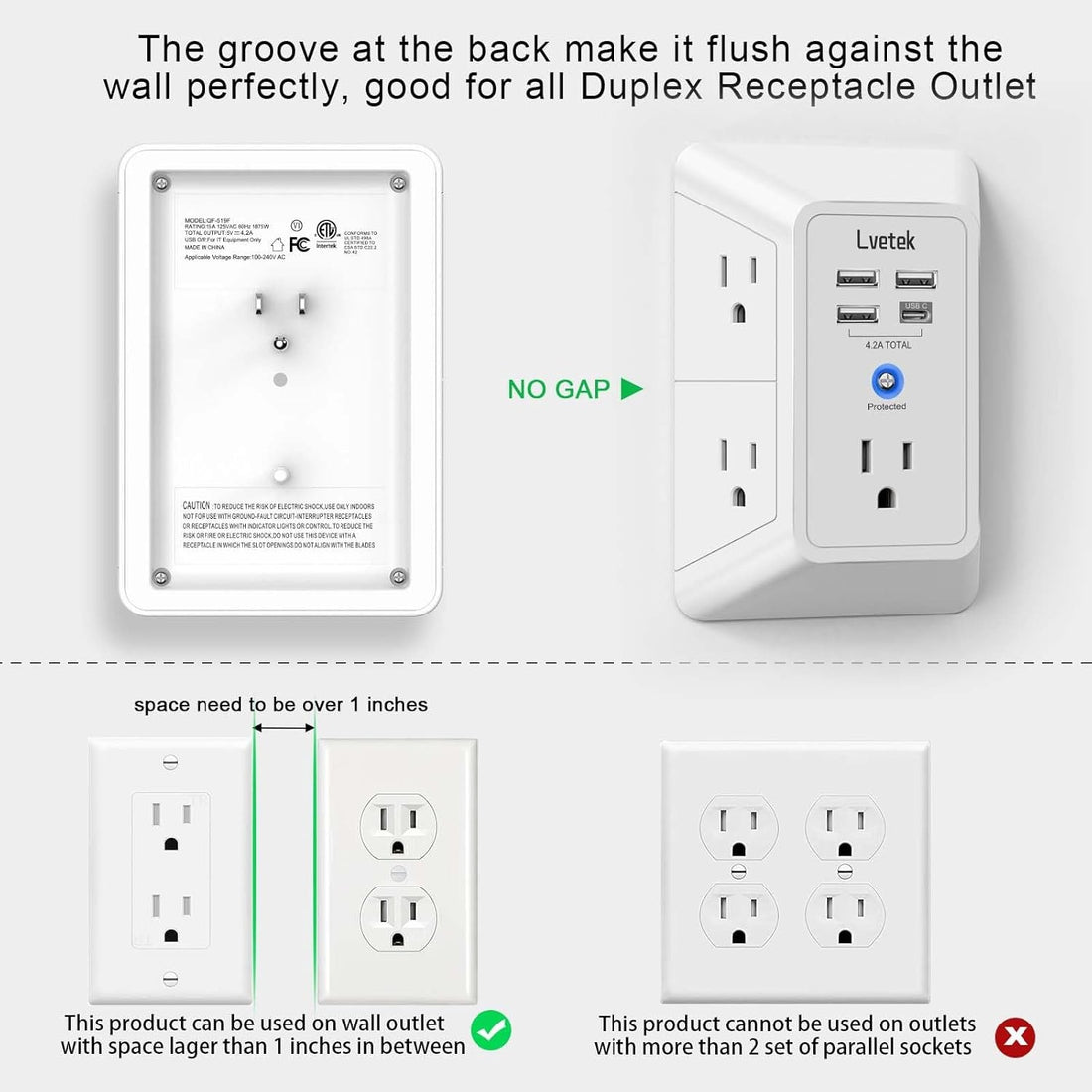 5-Outlet Surge Protector Wall Charger with 4 USB Ports - 1680J Multi Plug for Home Office Travel