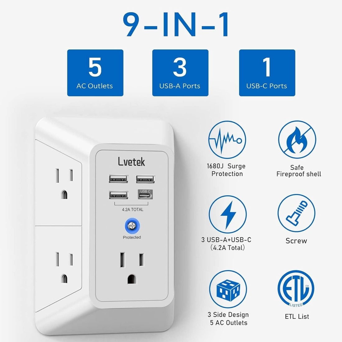 5-Outlet Surge Protector Wall Charger with 4 USB Ports - 1680J Multi Plug for Home Office Travel