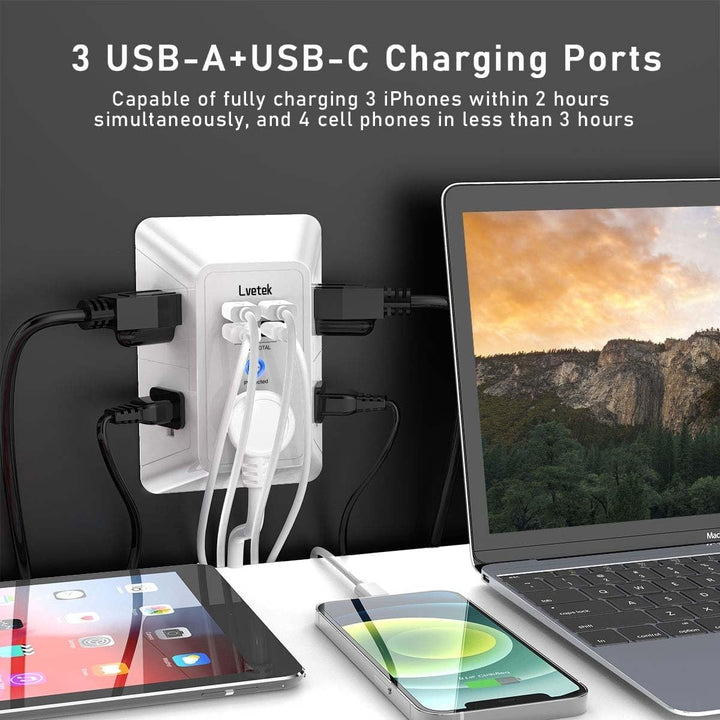 5-Outlet Surge Protector Wall Charger with 4 USB Ports - 1680J Multi Plug for Home Office Travel