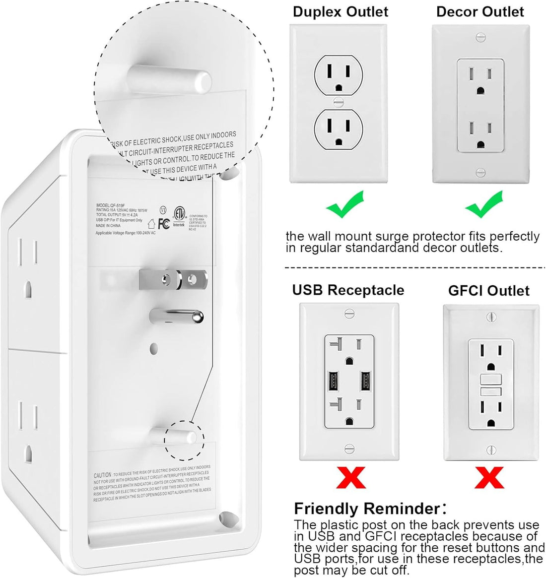 5-Outlet Surge Protector Wall Charger with 4 USB Ports - 1680J Multi Plug for Home Office Travel