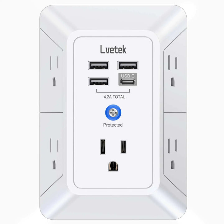5-Outlet Surge Protector Wall Charger with 4 USB Ports - 1680J Multi Plug for Home Office Travel